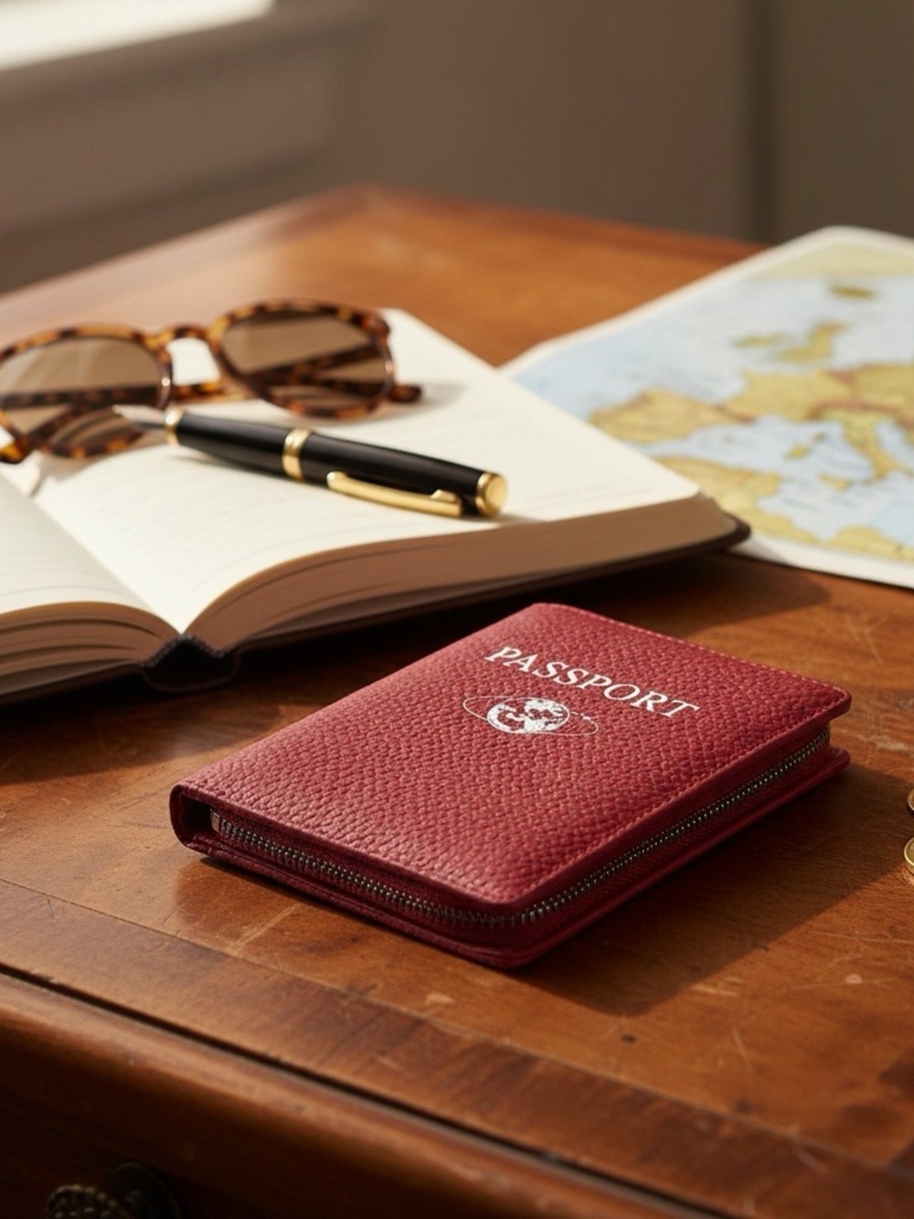 Faux Leather Passport Cover Travel Document Holder ID Card Wallet Red